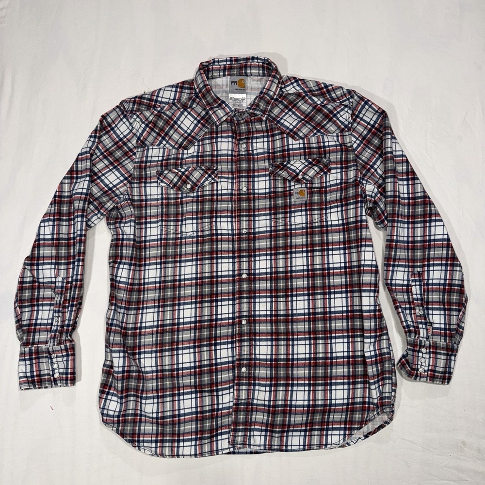 Carhartt Flame Resist Men XL Shirt Plaid Pearl Snap Shirt Workwear Western